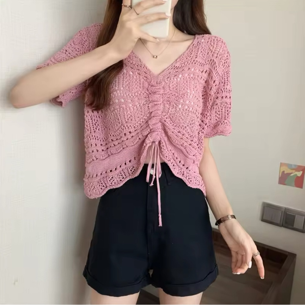 Crochet V Neck Knit Top Short Sleeves
